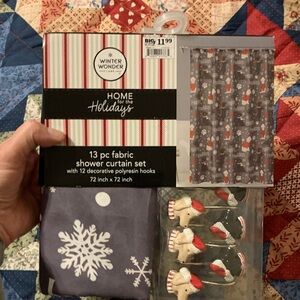 Holiday Shower Curtain Set - Gray and Red with Doggies on shower curtain hooks